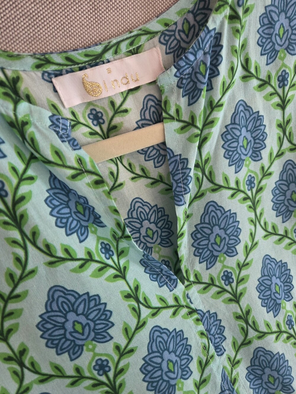Bindu Pure Indian Artisan Cotton Blue & Green Floral Maxi Dress Contrast Sash Sm - Picture 9 of 10